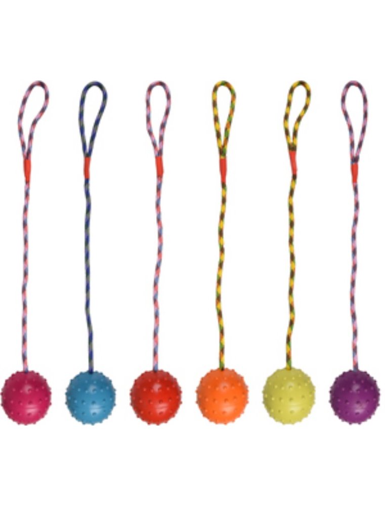 Hs rubber bal met bel+touw 8cm ass.