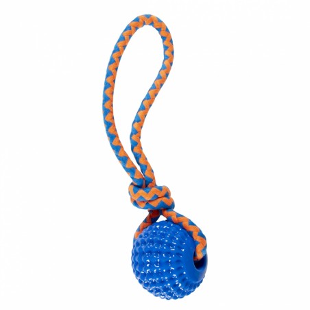 Tpr squeaky bal met touw 34,5x8,5x8,5cm blauw
