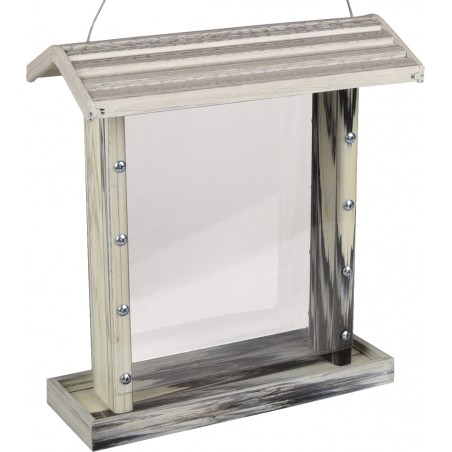 Flamingo Voedersilo zaden jony kunststof met hout wit/grijs 26x13,5x28,7cm