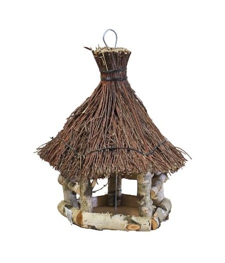 Voederhuis zeskant berken met tenen dak.