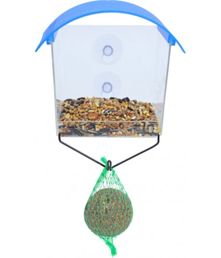 Window feeder plastic met 2 zuigers en mezenbolhouder. - afmeting - 17,5 x 15,5 x 10,0 cm - gewicht - 0,136 kg