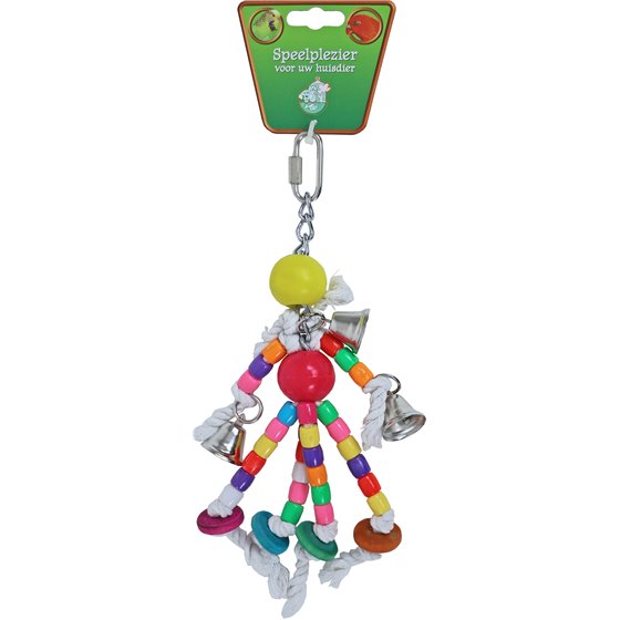 Boon vogelspeelgoed kralen plastic met 4x katoen en bellen, 24 cm.