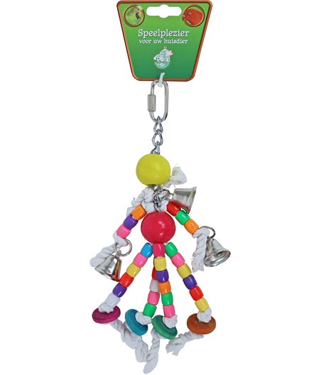 Boon vogelspeelgoed kralen plastic met 4x katoen en bellen, 24 cm.