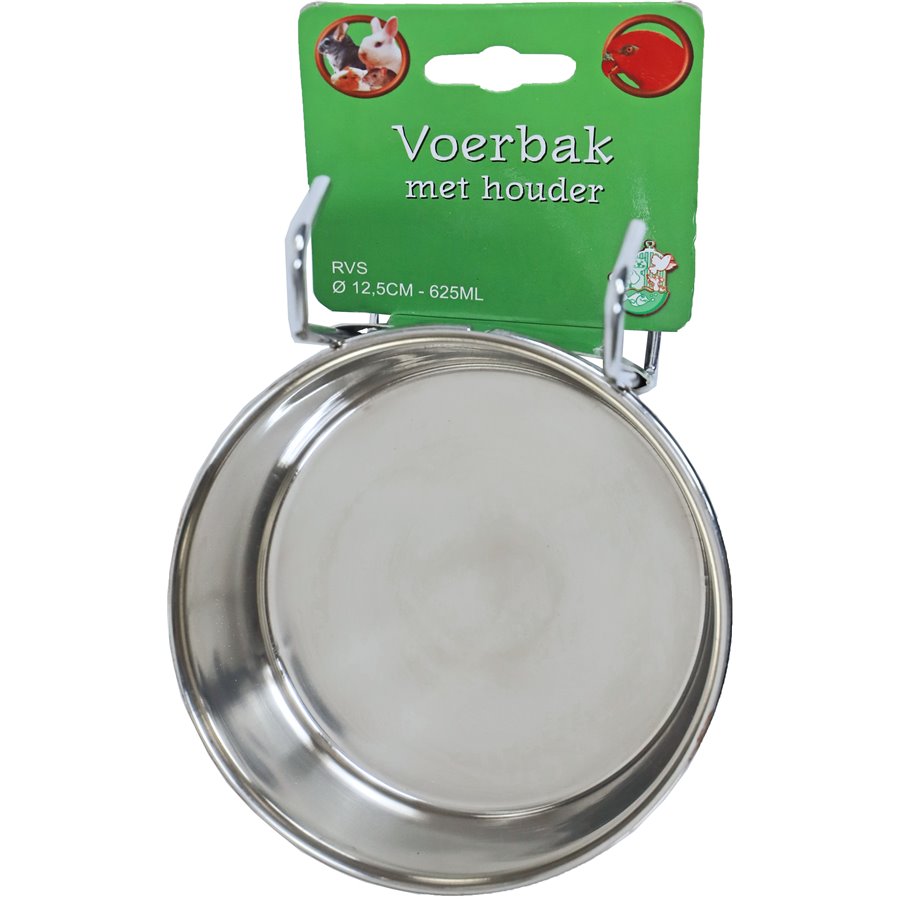 RVS voerbak met houder en print, Ø 12,5 cm - 625 ml.