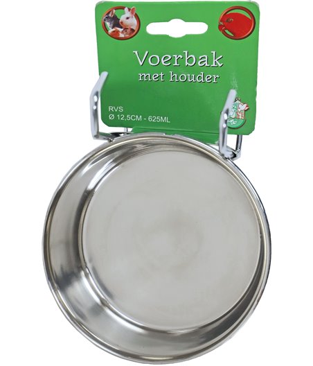 RVS voerbak met houder en print, Ø 12,5 cm - 625 ml.