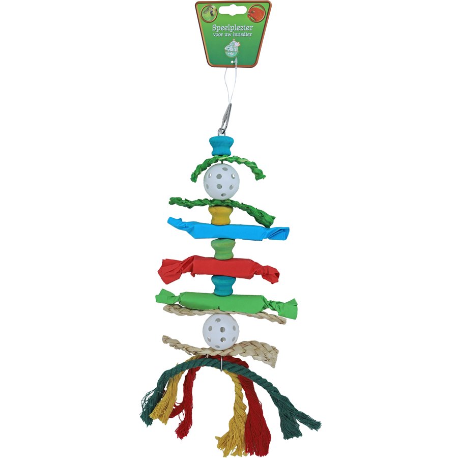 Boon vogelspeelgoed ladder hout/raffia met bal, papier en kat, 40 cm.