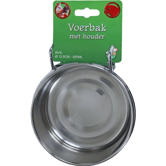 RVS voerbak met houder universeel, Ø 12,5 cm - 550 ml.
