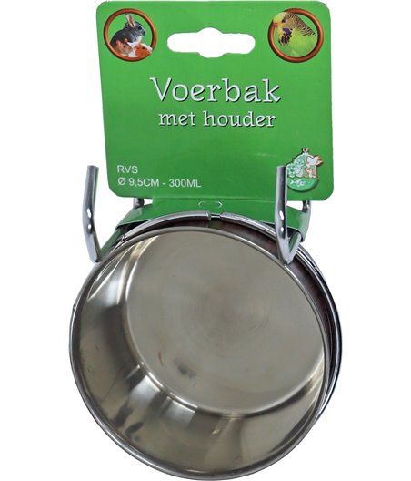 RVS voerbak met houder en print, Ø 9.5 cm - 300 ml.