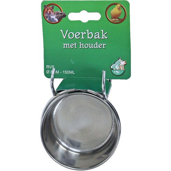 RVS voerbak met houder universeel, Ø 8 cm -150 ml.
