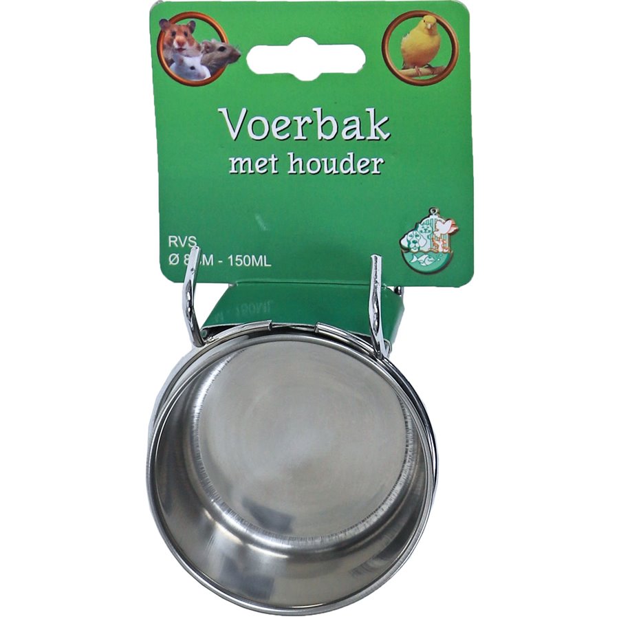 RVS voerbak met houder universeel, Ø 8 cm -150 ml.