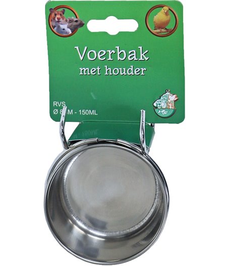 RVS voerbak met houder universeel, Ø 8 cm -150 ml.