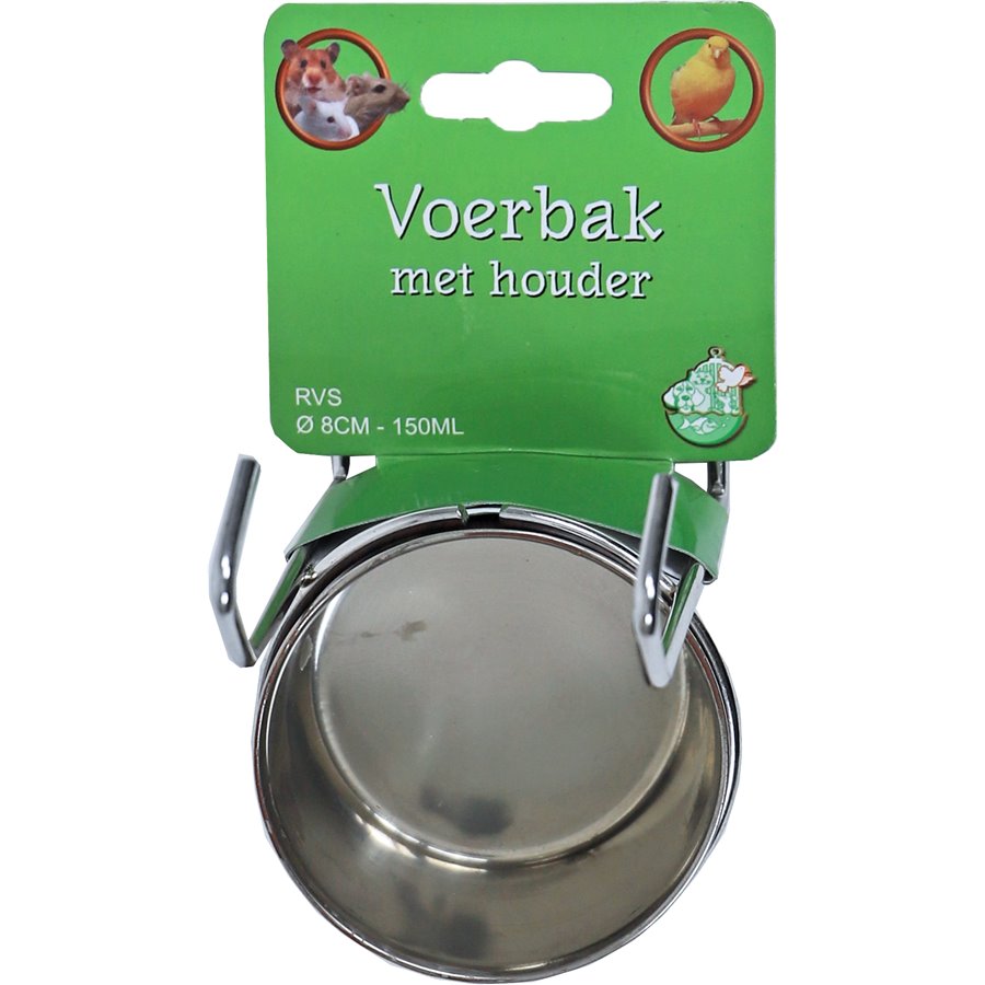 RVS voerbak met houder en print, Ø 8 cm - 180 ml.