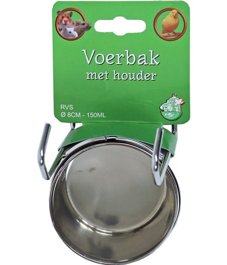 RVS voerbak met houder en print, Ø 8 cm - 180 ml.