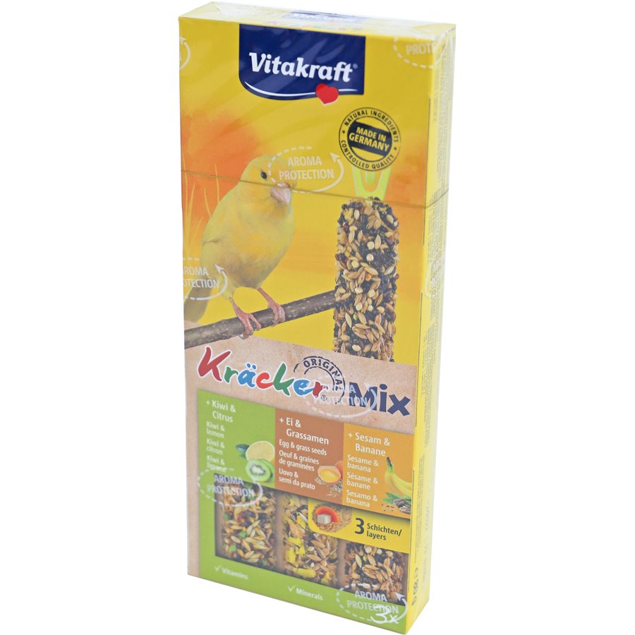 Vitakraft Trio Mix ei/graszaad-sesam/banaan-kiwi/citrus-kräcker kanarie, 3in1.