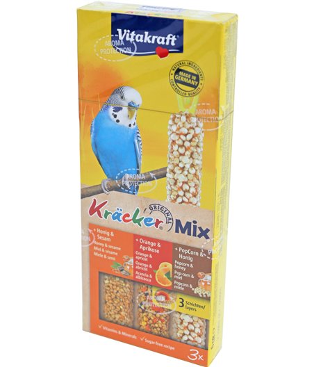 Vitakraft Trio Mix honing/sesam-sinaasappel/abrikoos-honing/popcornkräcker parkiet, 3in1