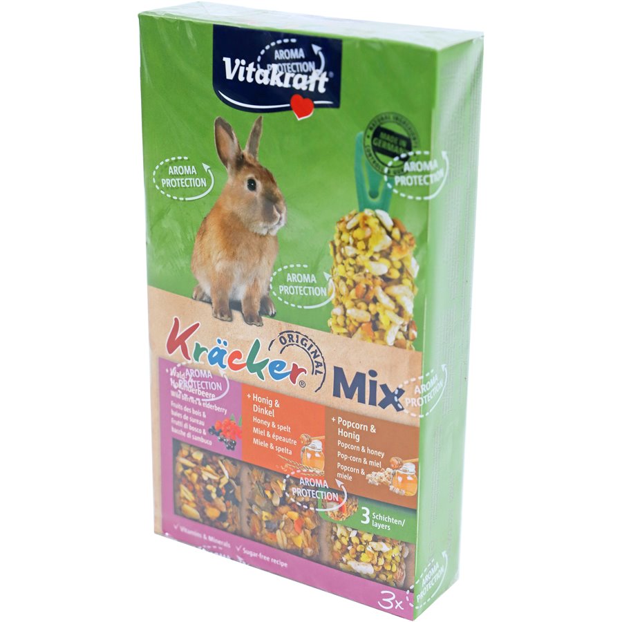 Vitakraft knaagdier Mix honing/spelt-popcorn/honing-bosbes/vlierbes-kräcker dwergkonijn, 3in1