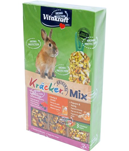 Vitakraft knaagdier Mix honing/spelt-popcorn/honing-bosbes/vlierbes-kräcker dwergkonijn, 3in1