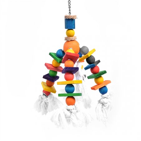 Bird toy with colourful cubes and rope